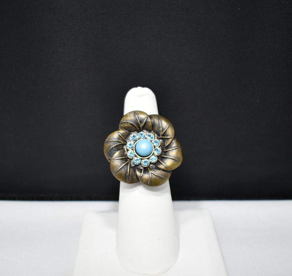 Vintage Brass Flower Ring, Light Blue Rhinestones, 1960s Jewelry